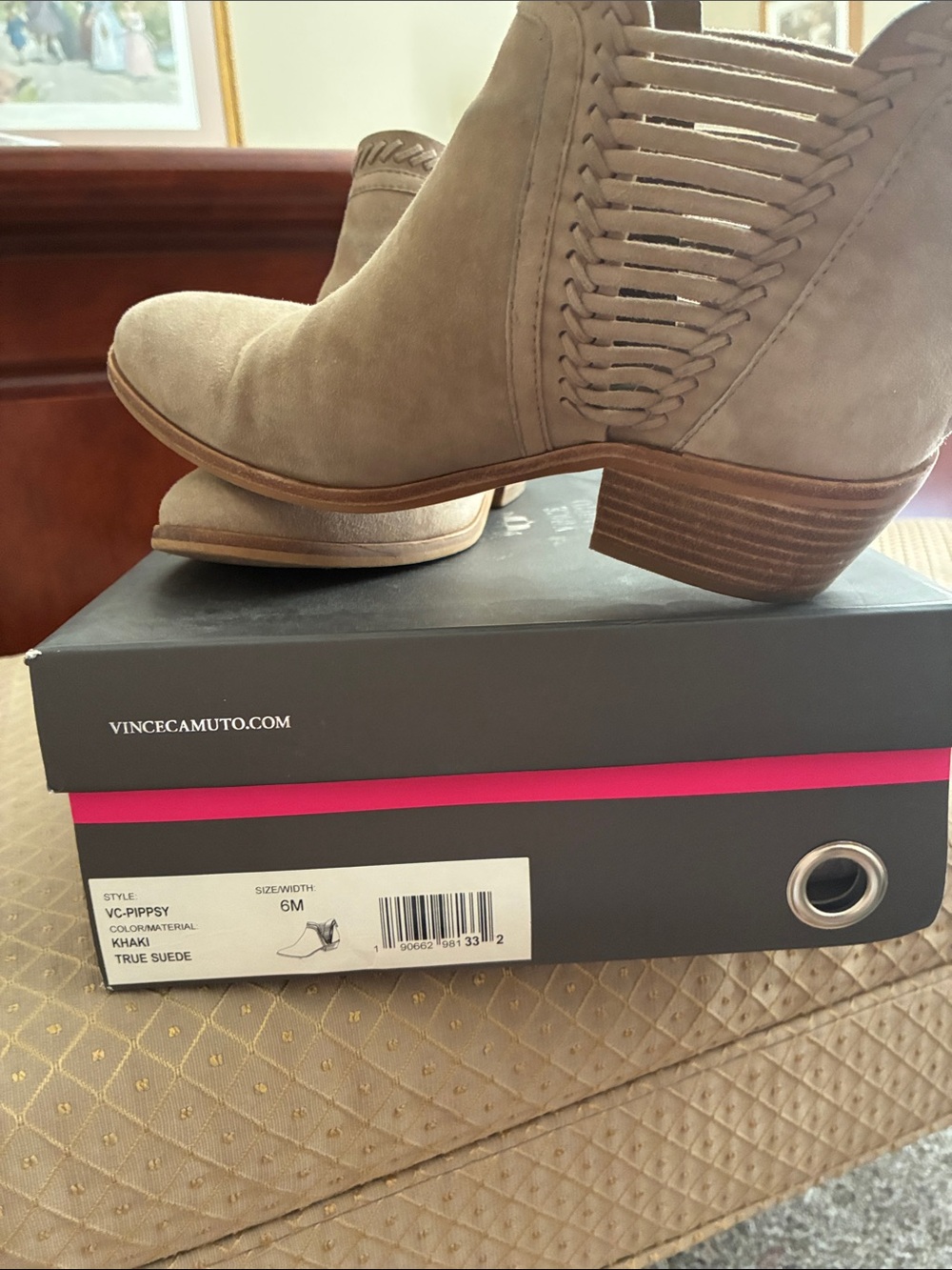 Vince Camuto Khaki Suede Woven-Side Ankle Boot